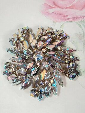 Large Vintage Sherman Aurora Borealis Rhinestone Brooch – 2.75"